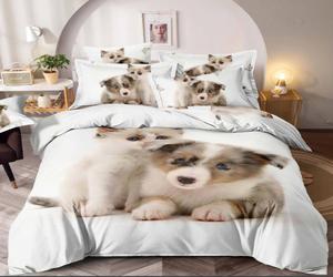 Lenjerie de Pat Finet 3D cu 2 Fete, 6 Piese, Pat 2 Persoane, Dog Cat
